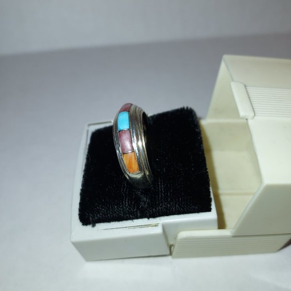 Native American Wide turquoise  & spiny oyster Inlay Ring Signed I J - Picture 5 of 11